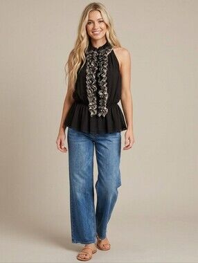 NWT Ruffle Collar & Front Top Chiffon & Lace Sleeveless Black & Tan Size Medium